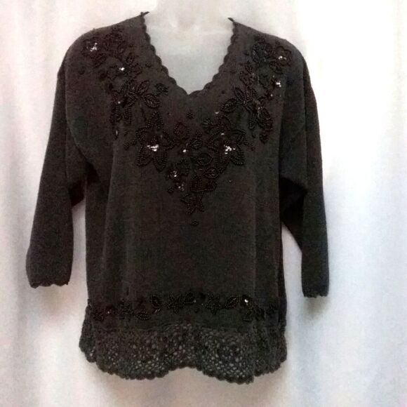 Sweaters - Vintage Trimmings Statement Holiday Sweater Black Beaded Sequin Lace Sz 20W - 40